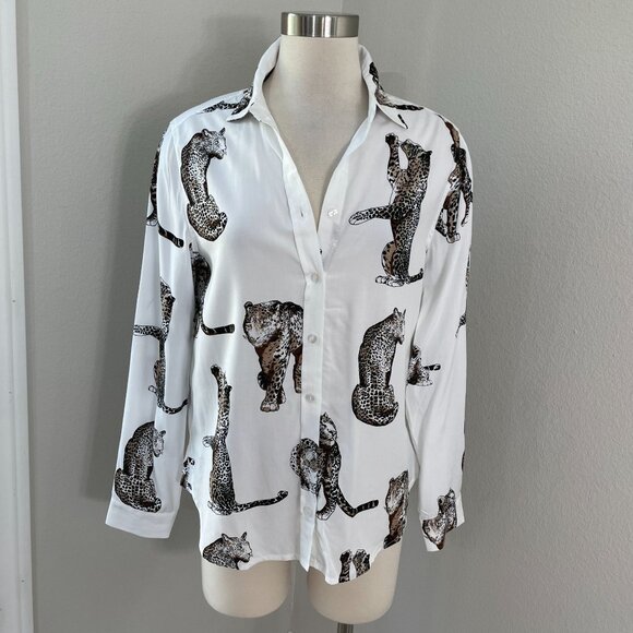 NEW Jane+Delancey Womens Small Leopard Button Up Shirt White Animal Print Blouse - Picture 1 of 9